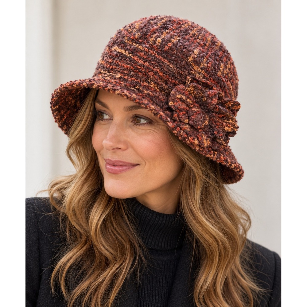 C.C Exclusives Cloche Hat Womens OS Boho Cottagecore Boucle Wool Flower Rust